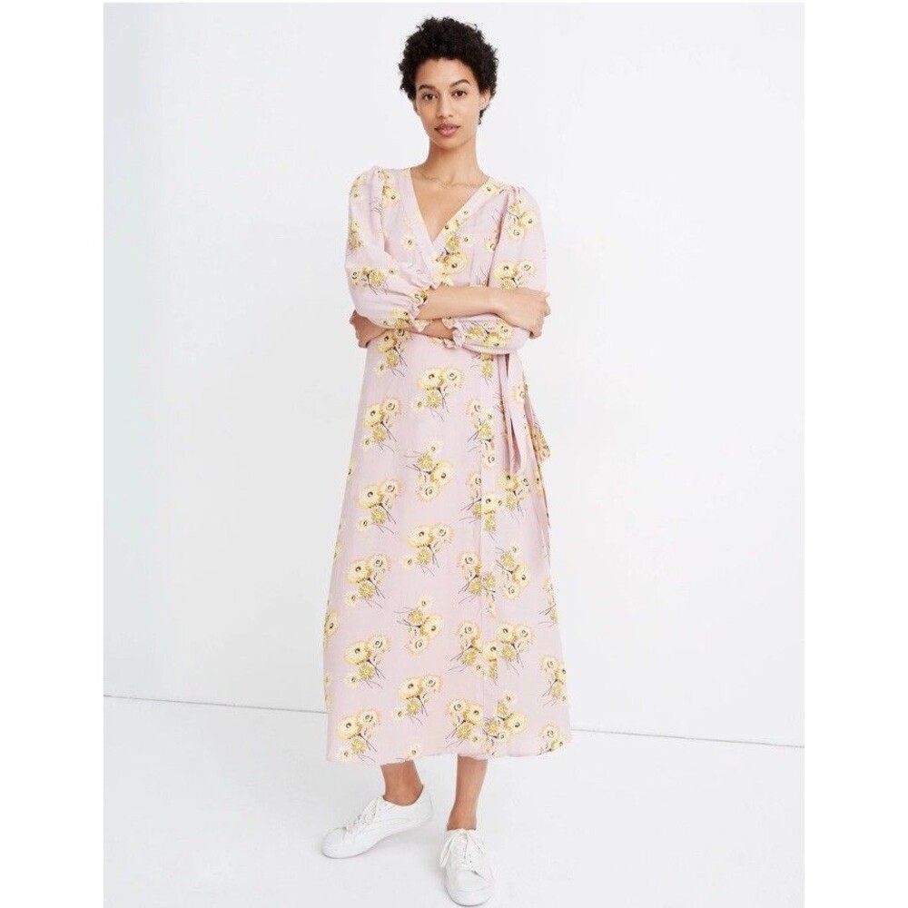 Madewell Linen Blend Ruffle-Cuff Wrap Dress Fairy Pastel Boho Work Size XS/S